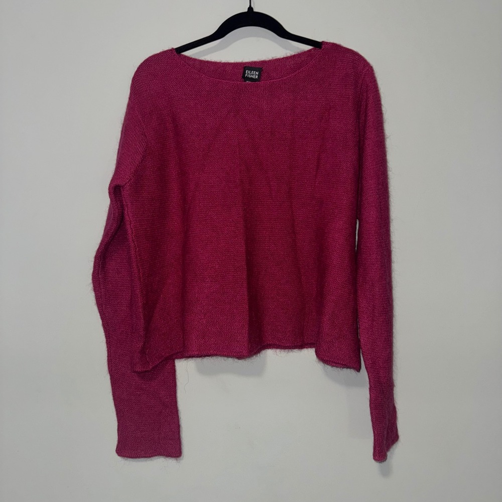 Eileen Fisher Fuchsia Green Mohair Blend Fuzzy Boat Neck Sweater Womens Large